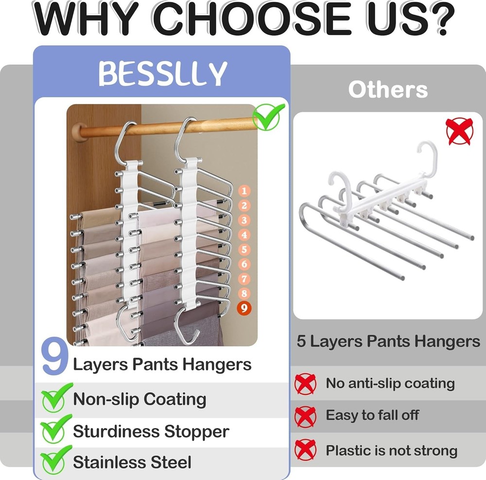 Upgrade 9 Layers Pants Hangers Space Saving 2 Pack Multifunctional Pants Rack