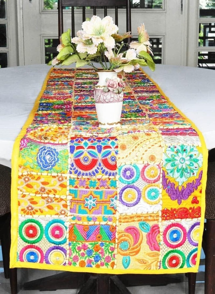 Indian Cotton Patchwork Table Runner Embroidered Dining Table Tapestry 152X45 cm