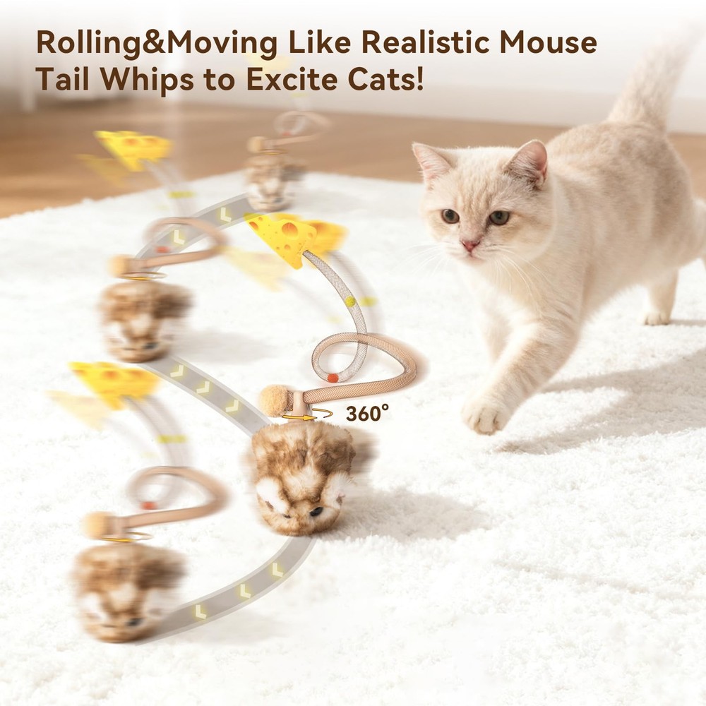 Interactive MigiMouse Cat Toy 360 Rolling Spin Smart Motion Sensor Brown Long