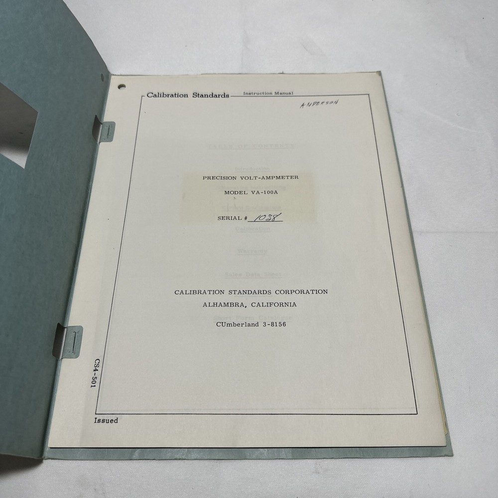 Calibration Standard Model VA-100A Precision Volt-Ampmeter Instruction Manual