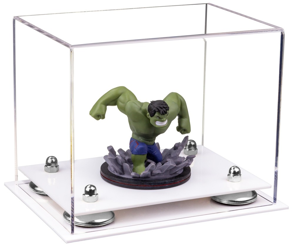 Versatile Clear Display Case-Rectangle Box w/ Silver Risers & White Base (A003)
