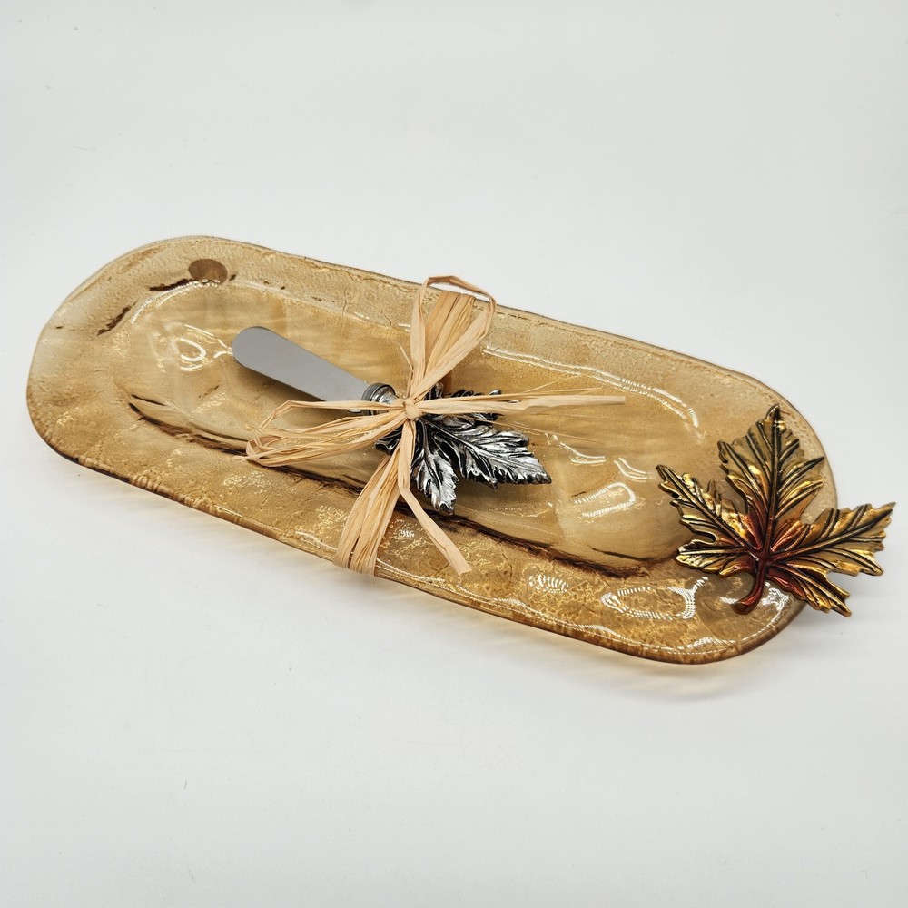Glass Amber Harvest Leaf Server with Spreader