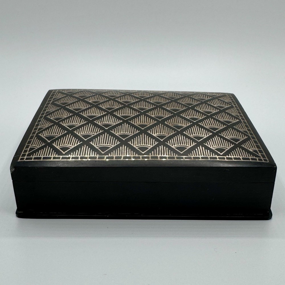 Vintage Bidriware Metal Hinged Trinket Storage Box Art Deco Pattern