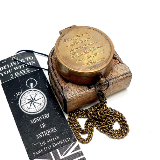 Engraved Pocket Compass & Key Chain Handmade Nautical Compass & Leather Pouch