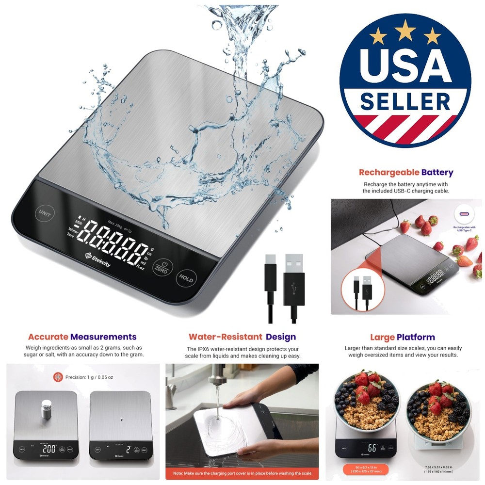 USB Rechargeable Kitchen Scale - Precise Grams/Ounces, Waterproof Design