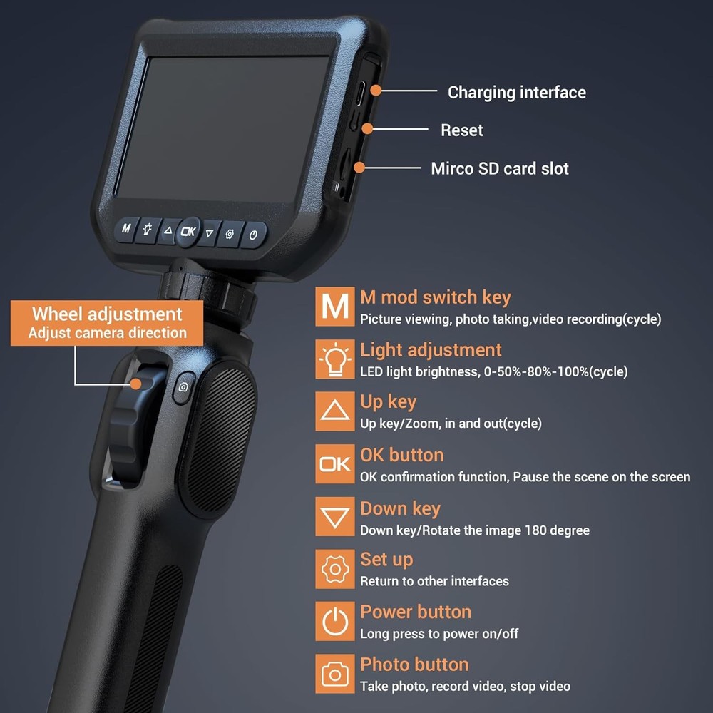 2-Way Articulating Borescope Endoscope Camera Inspection LED Light +1.5M Cable