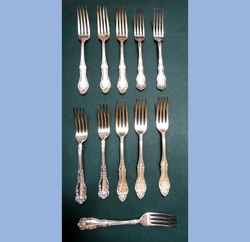 1898 antique CARLTON~ROGERS 11 DINNER FORKS SILVERPLATE FLATWARE