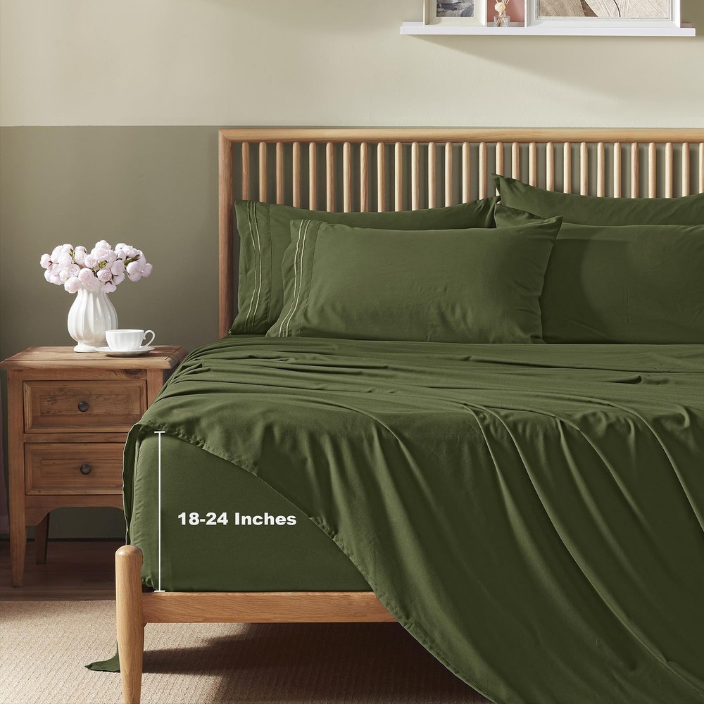Extra Deep Pocket Queen Size Sheets Set, 6 Pieces Soft Olive Green Sheets 18-...