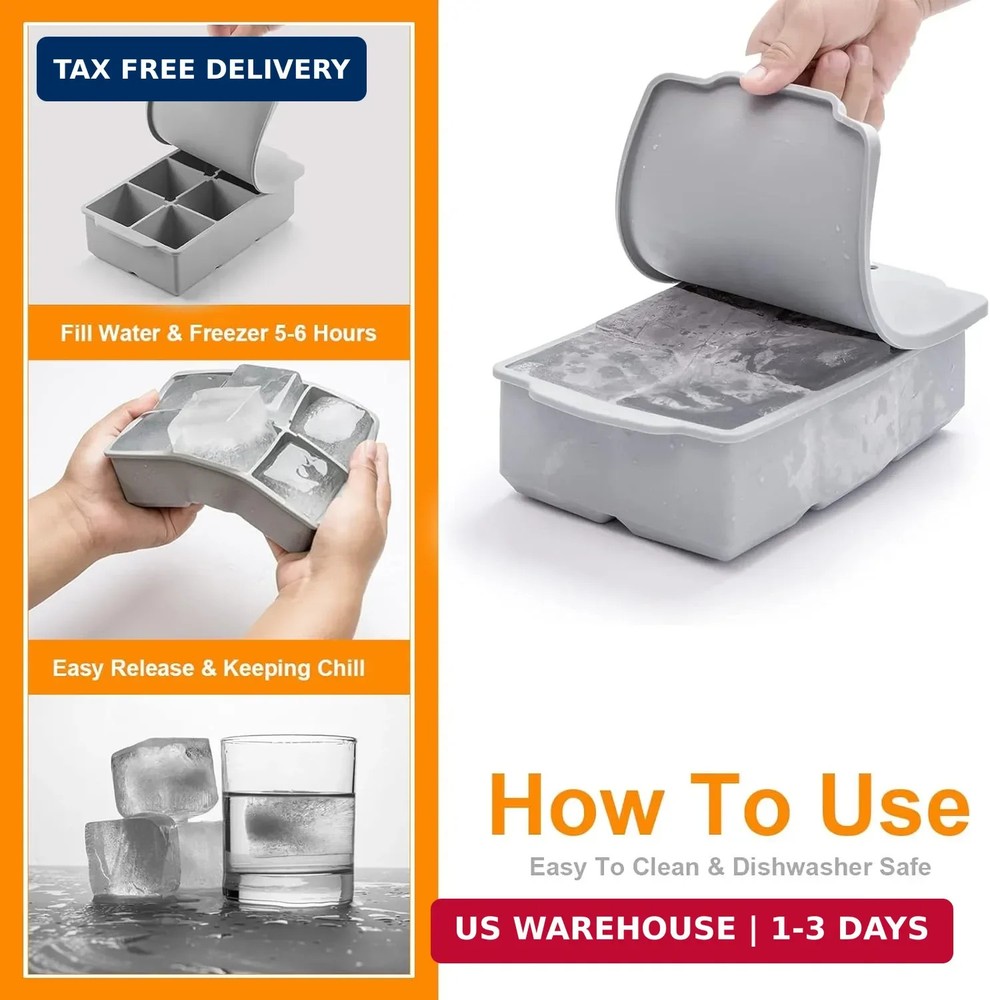 Nax Caki Large Ice Cube Tray with Lid, Stackable Big Silicone Square Ice Cube Mo