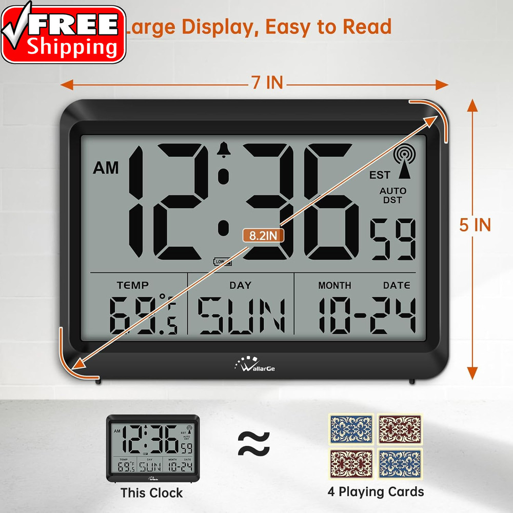 Atomic Digital Wall Clock Battery Operated, Self-Setting, Large Display with Tem