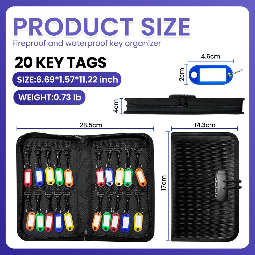 20 Position Key Organizer with Combination Lock Waterproof Fireproof Key Stor...