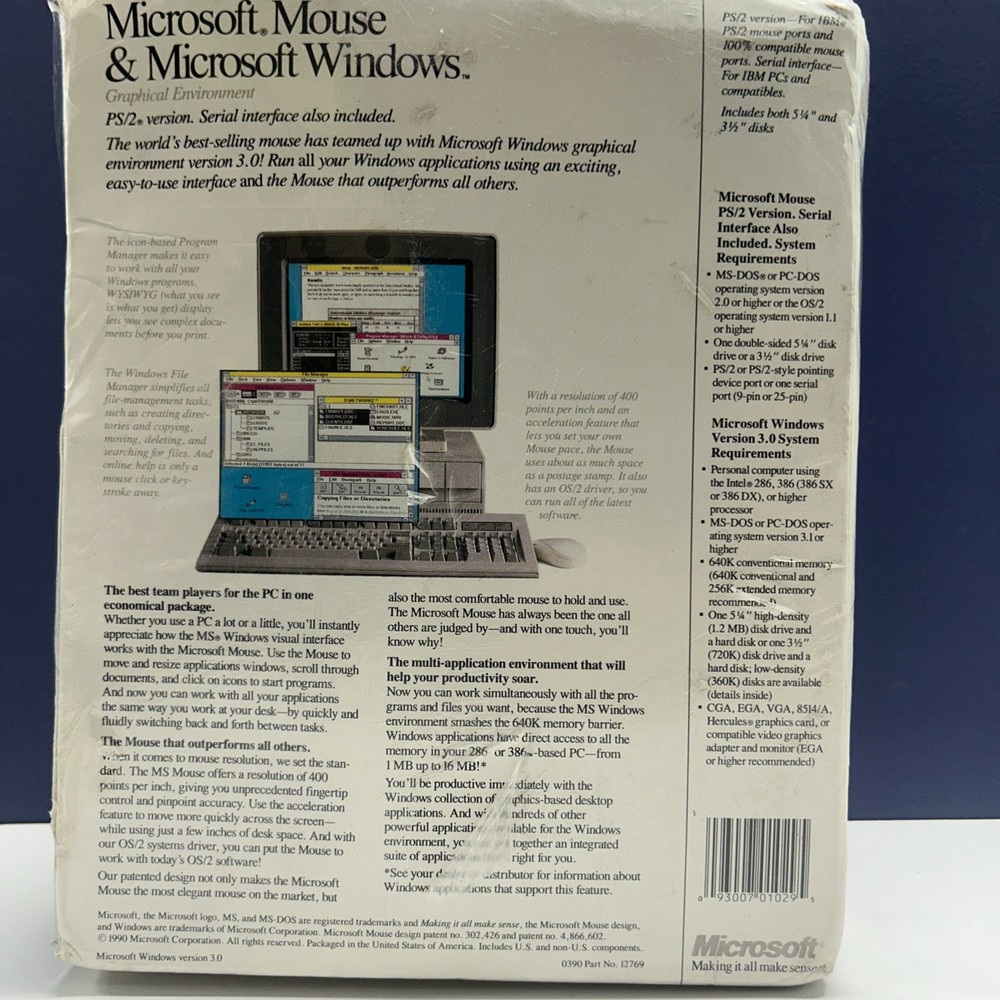 Microsoft Windows 3.0 Operating System + Microsoft Mouse - Vintage 92 Sealed Box