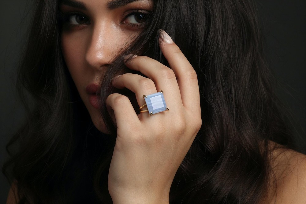 Blue Lace Agate Ring Anemone Handmade Square Cut 14k Gold Statement