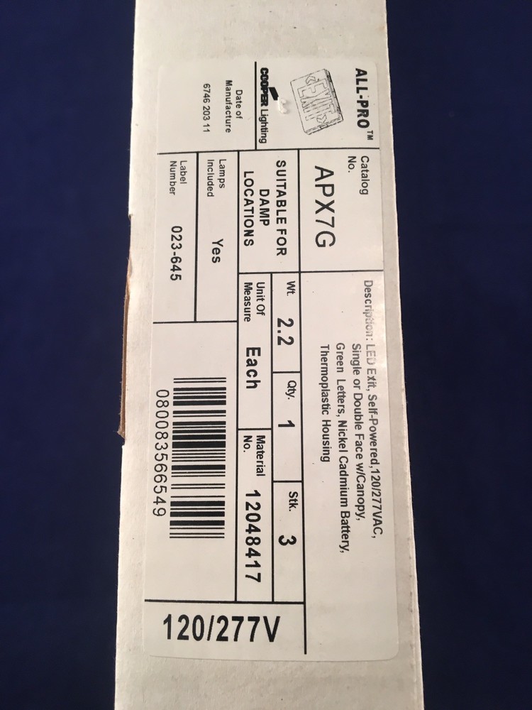 COOPER LIGHTING ALL-PRO LED EXIT SIGN APX7R “6 Available”