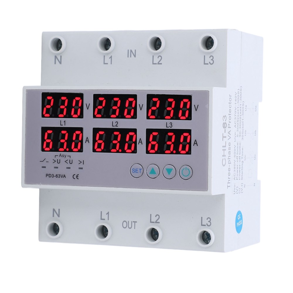 3Phase DIN Rail Voltmeter Ammeter Automatic Overvoltage Overcurrent Protector63A