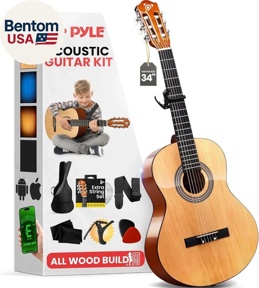 Pyle 3/4 Beginner Acoustic Guitar Kit 36” Junior Size w/ Case Strap Picks
