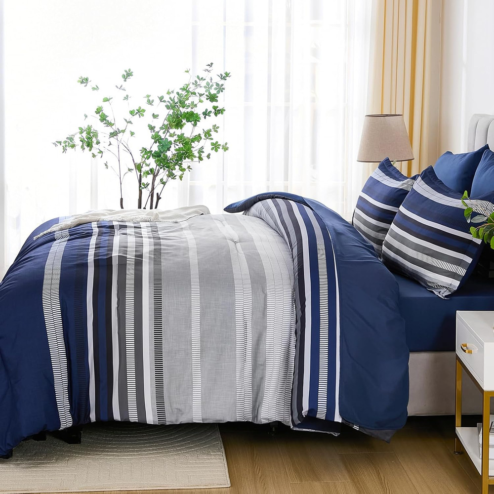 Navy Blue Queen Comforter Set 7 Pieces, Boho Striped Bed in a Bag Queen Size Sof