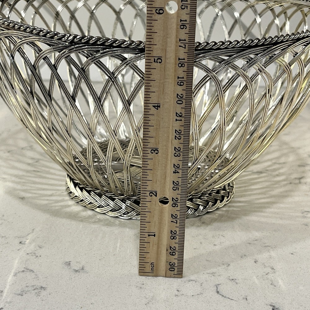 Vintage Silver Woven Wire Basket - MCM Gallia Style Fruit Bread Bowl 80s Decor