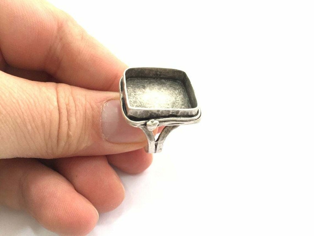 Square Signet Adjustable Ring Blank Base Hammered Antique Silver Plated Brass
