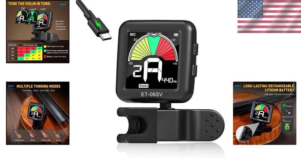 Big Display Rechargeable Clip-On Tuner for String Instruments - Easy to Use