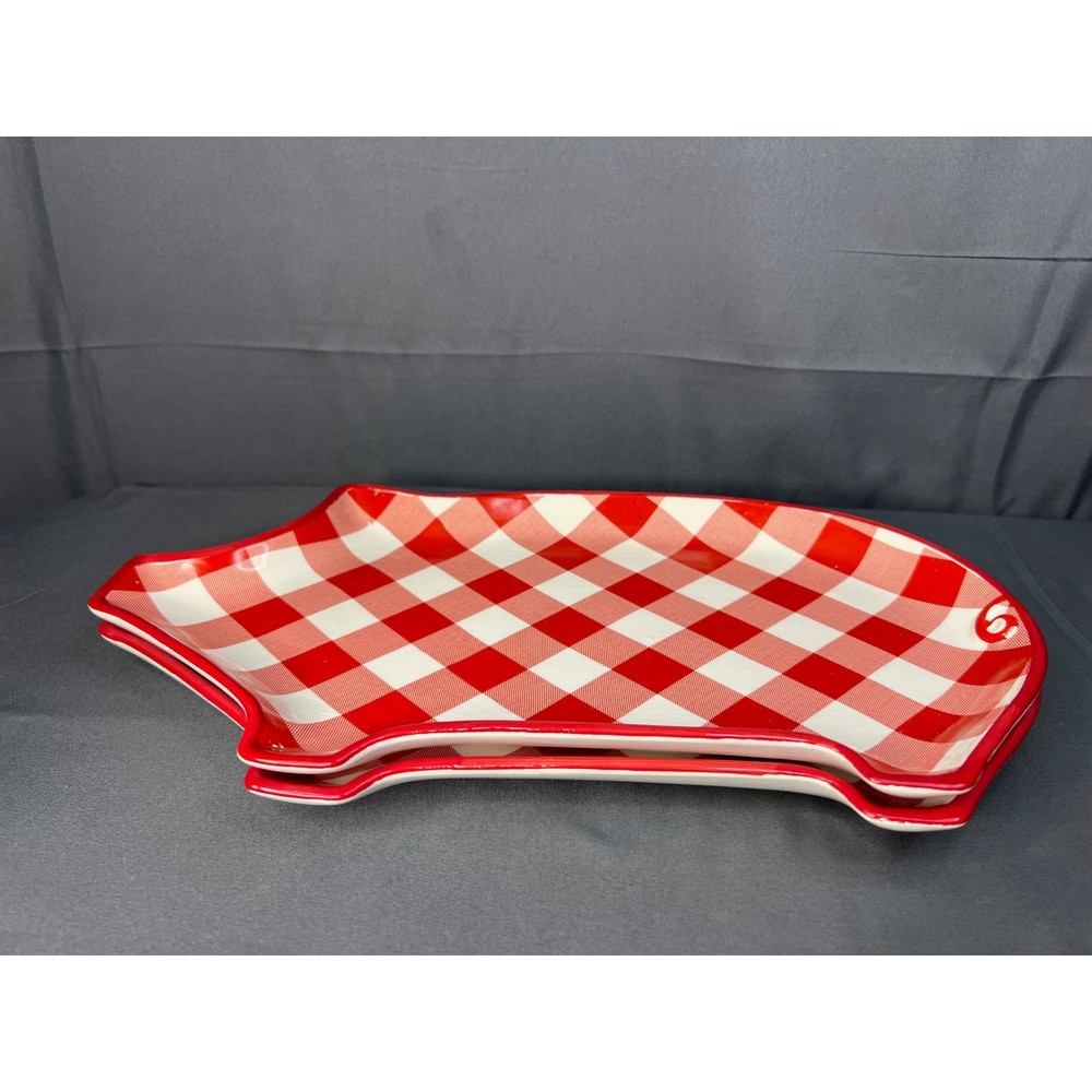 Set of 2 Ceramic Pig Plates Red Gingham Pattern