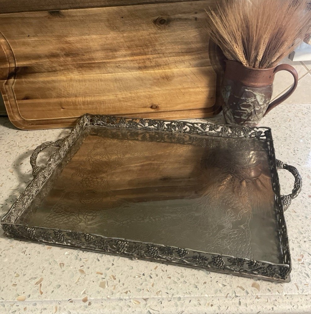 Vtg Godinger Silver Plated Rectangular Tray Grapevine Design w/ Handles