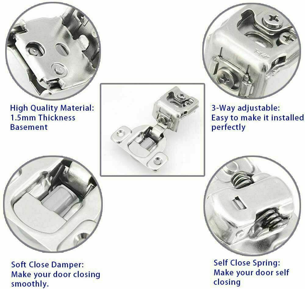 100 PCS Overlay Soft Close Face Frame 105° Compact Cabinet Hinge Handware 1/2"