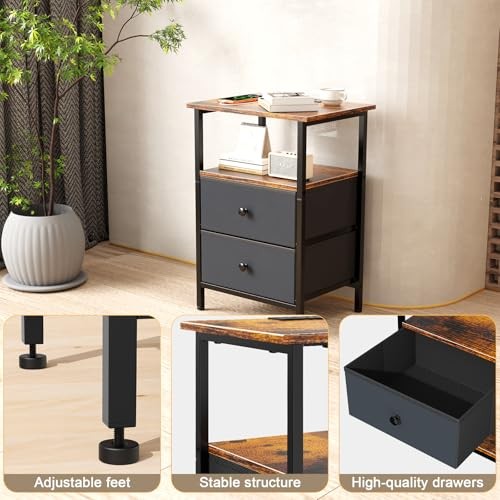 Nightstand with Charging Station, Bedsid End Table with 2 Fabric Drawer for