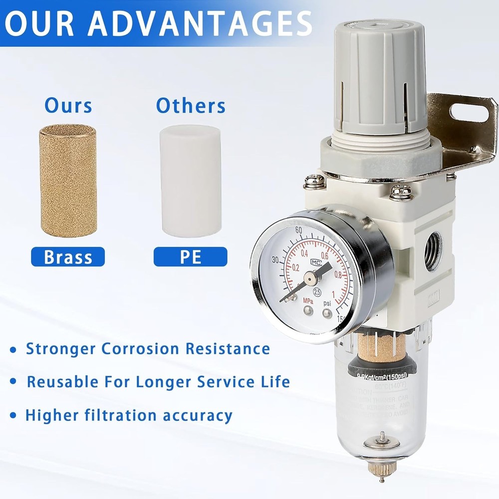 WeiTeng 1/4" NPT Compressed Air Filter Regulator Combo, 5 Micron Brass Filter