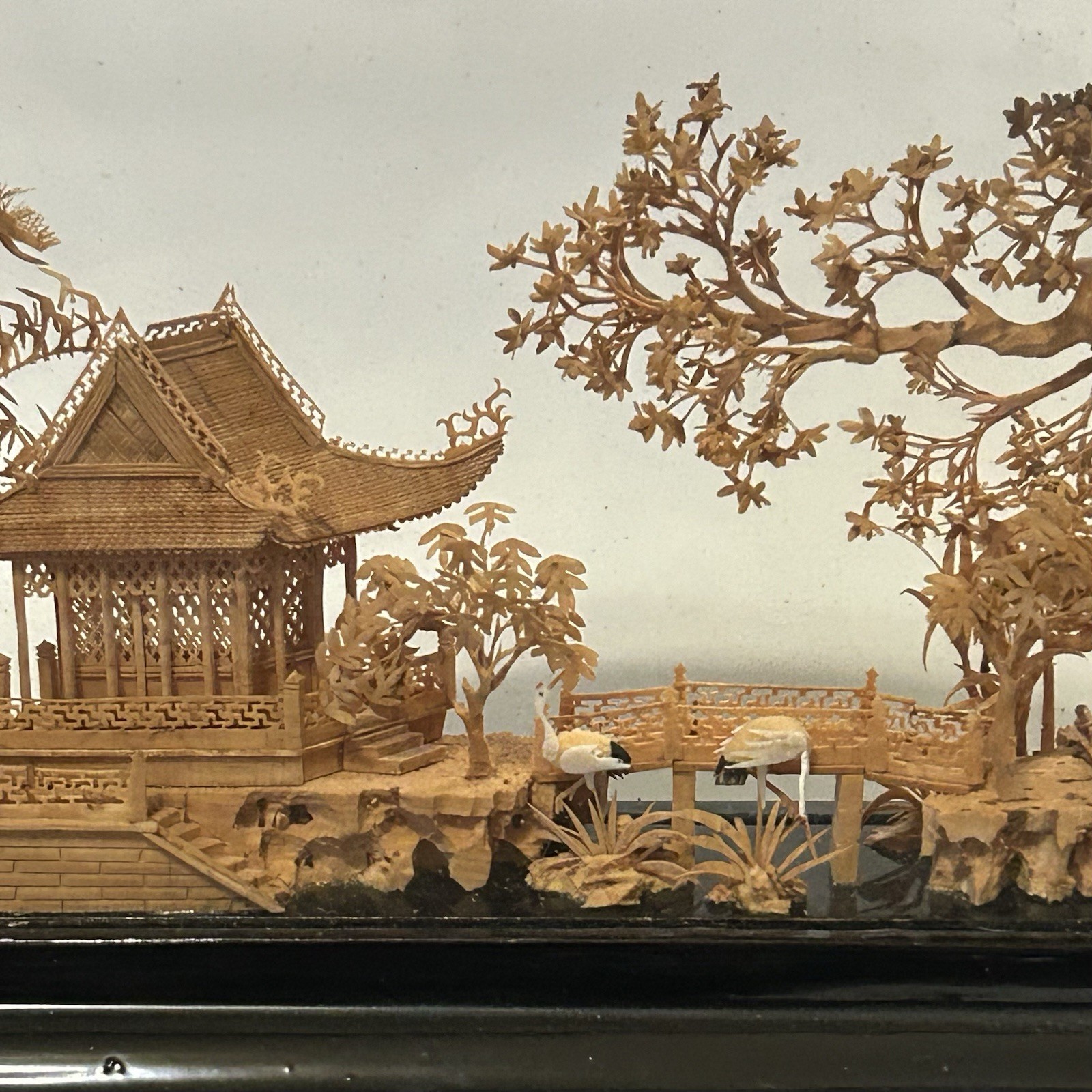 Vintage Chinese Cork Diorama Scenic Art in Glass Frame, Fujian China