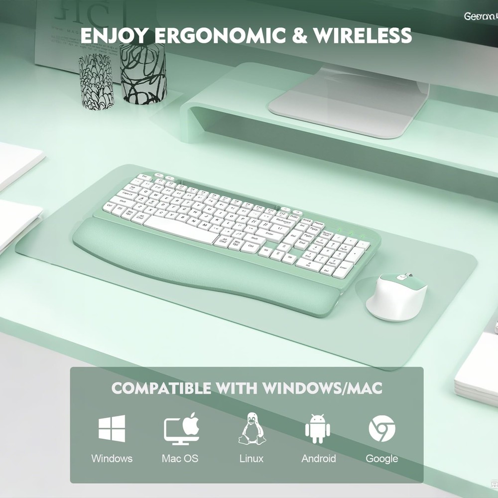 Wireless Keyboard and Mouse Combo, Wave Keys Full-Sized Ergonomic Keyboard wi...