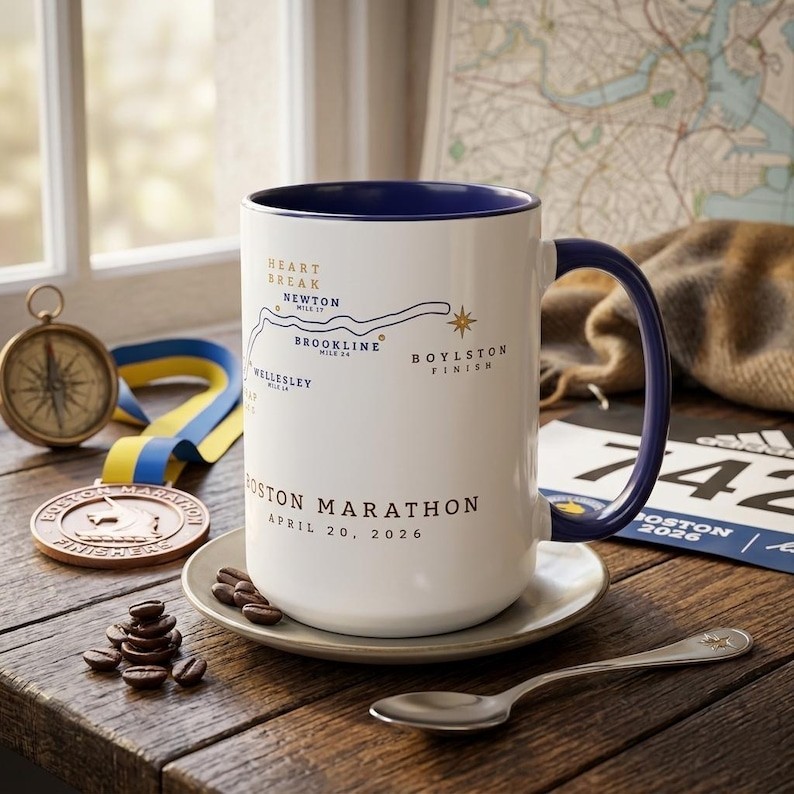 2026 Boston Marathon Course Map Two-Tone Coffee Mug, Marathon Runner Gift for Sp