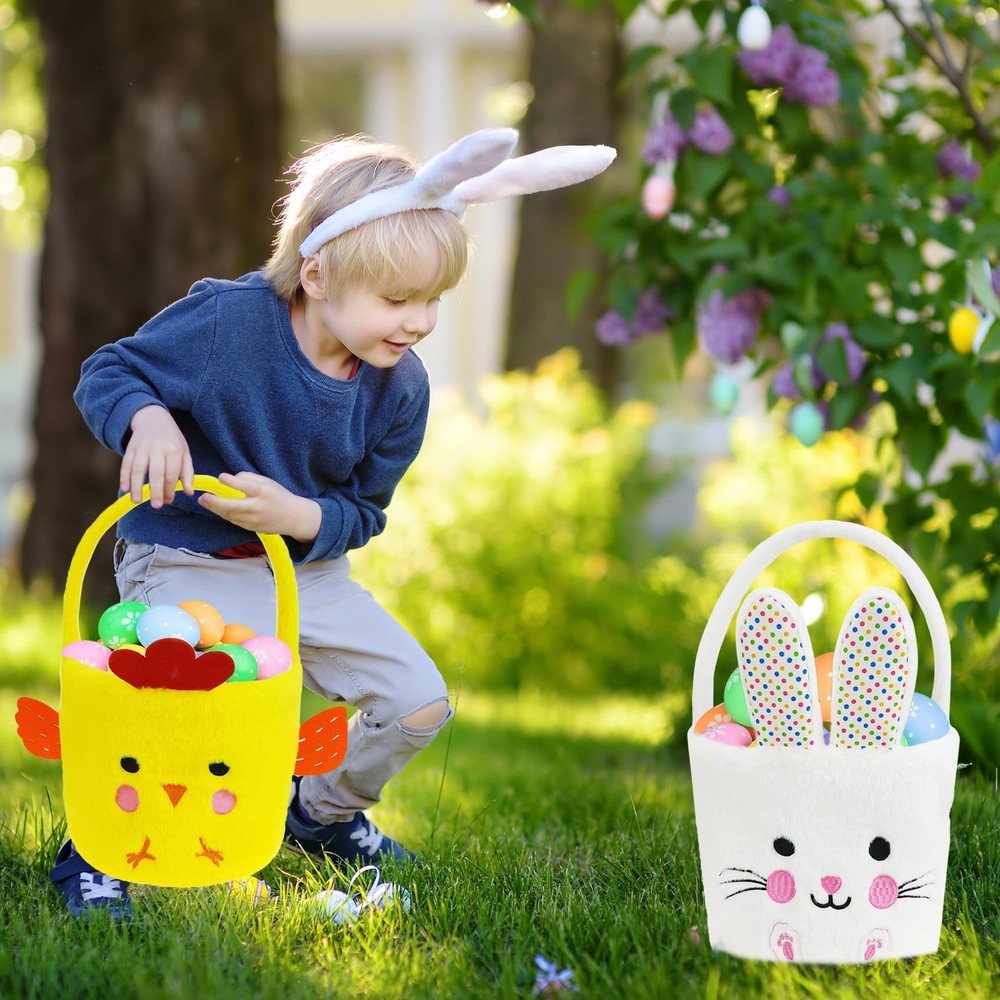 2 Pcs Easter Basket Bunny & Chick Plush Baskets Dia 8" * H 15.7", Easter Egg ...