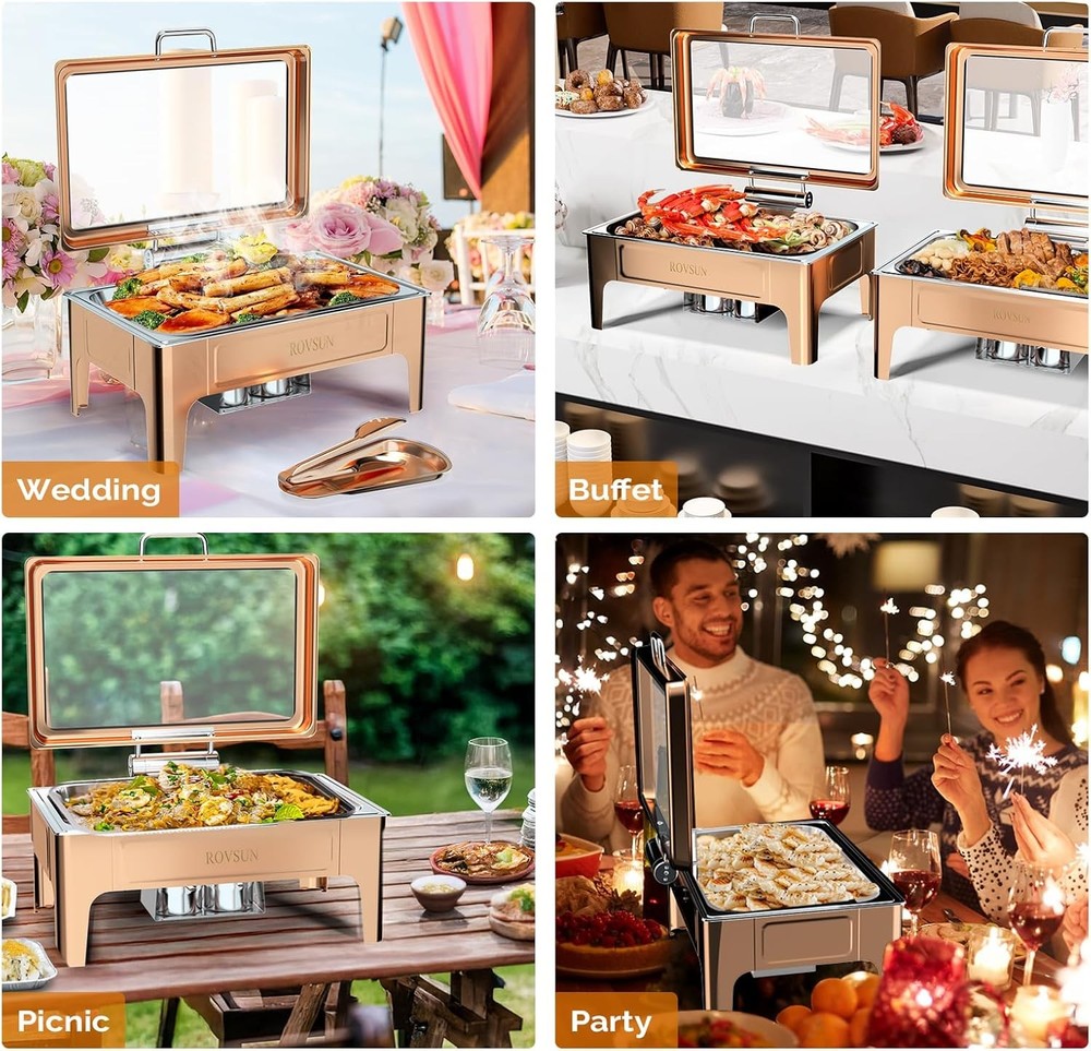 Chafing Dish 9QT, Rectangular Buffet Warmer Set with Glass Lid & Serving Tong