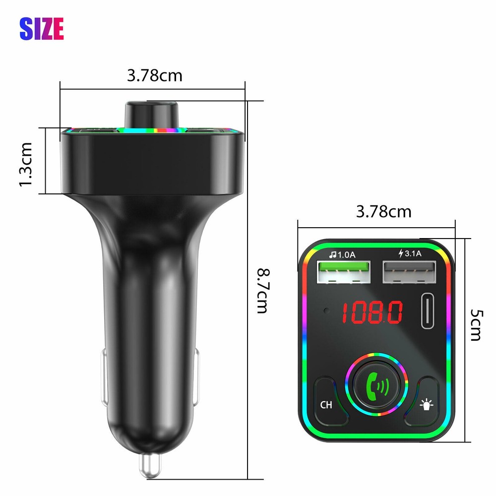 Bluetooth 5.0 Car Wireless FM Transmitter MP3 Player 2 USB PD Charger Adapter