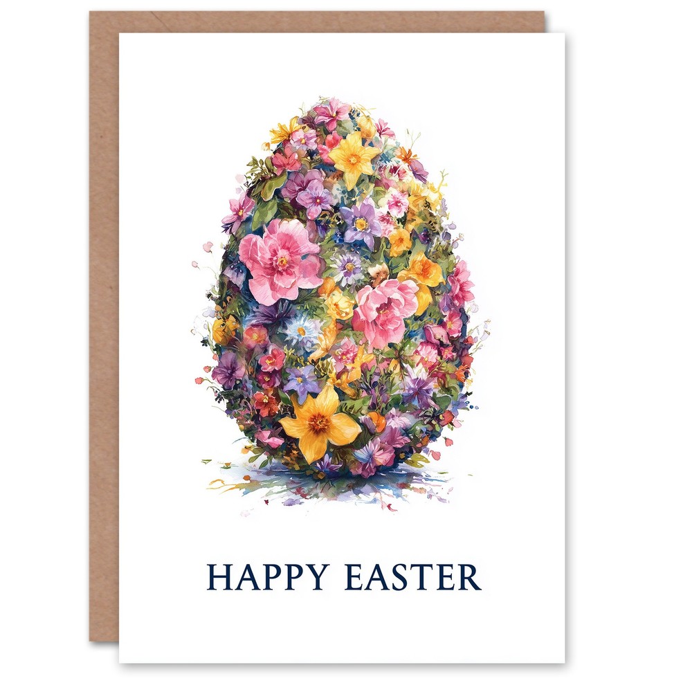 Happy Easter Greeting Card – Watercolour Floral Egg, Blank Inside