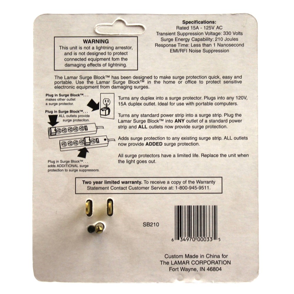 LAMAR SURGE BLOCK SURGE PROTECTOR FOR DUPLEX OUTLET (10 PACK)