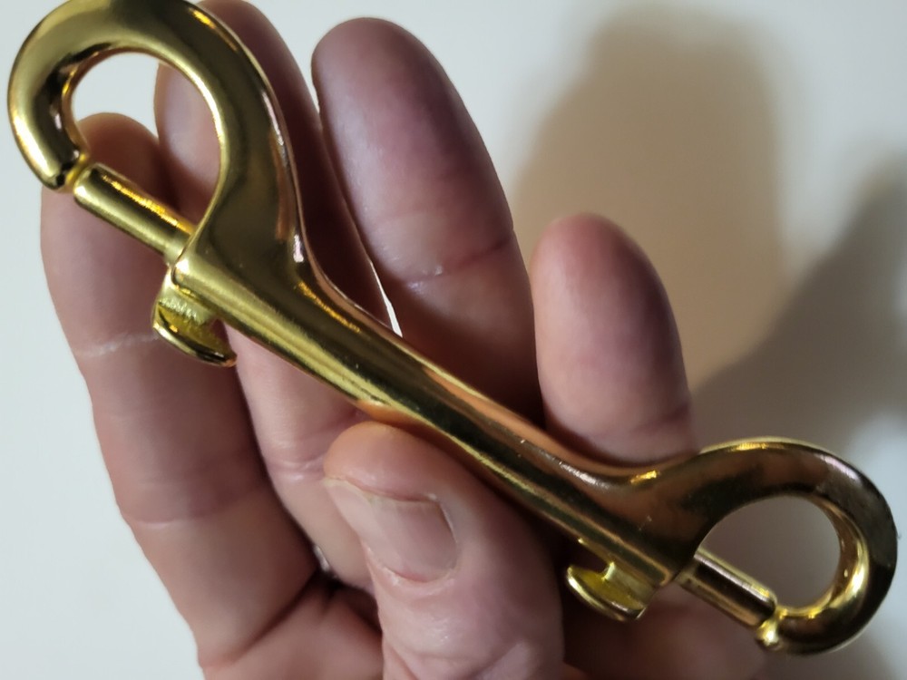 Solid brass Bolt action double snap hook. 43/4" length. Marine grade. scuba clip