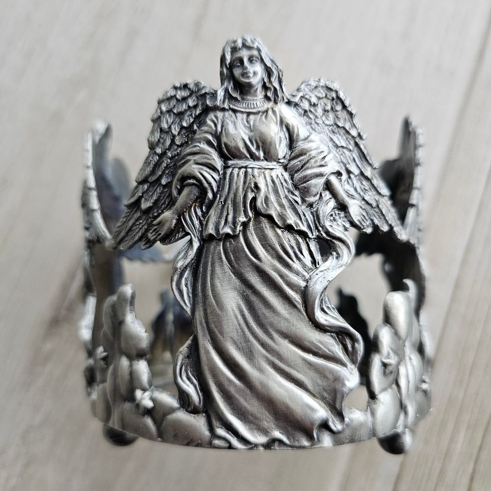 Silver Tone Angel Theme Jar Candle Holder, EUC