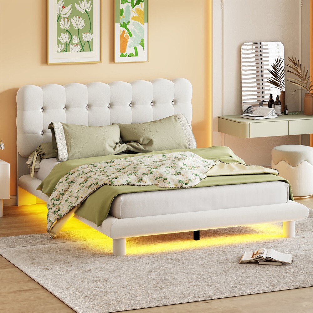Queen Size Bed Frame Upholstered Platform Bed Frame with LED Light US