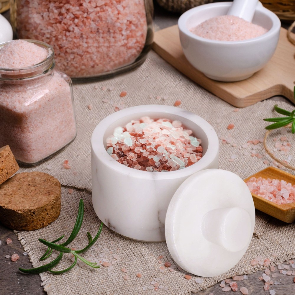 Marble Salt Cellar with Lid, Multi-Purpose Marble Container (Black & White)