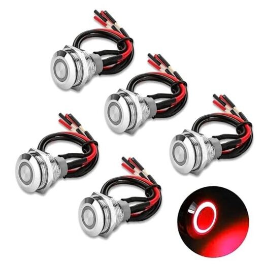 19mm Latching Push Button Switch, 12V Metal Self Locking SPST ON 19mm Wire Red