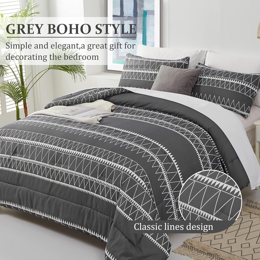 WONGS BEDDING Dark Gray Comforter Set Queen King Reversible Boho Triangle