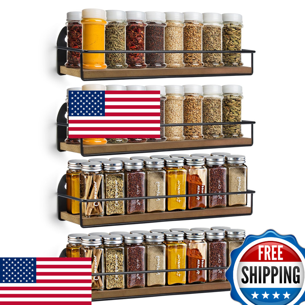TJ.MOREE 4 Pack Wall Mounted Spice Rack Rustic Hanging Organizer Kitchen Storage