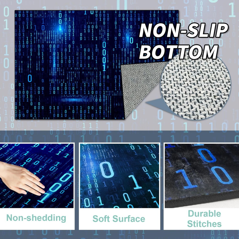 Washable Game Area Rug, Blue Binary Code Design Gaming Programmer Teen Carpet Ru