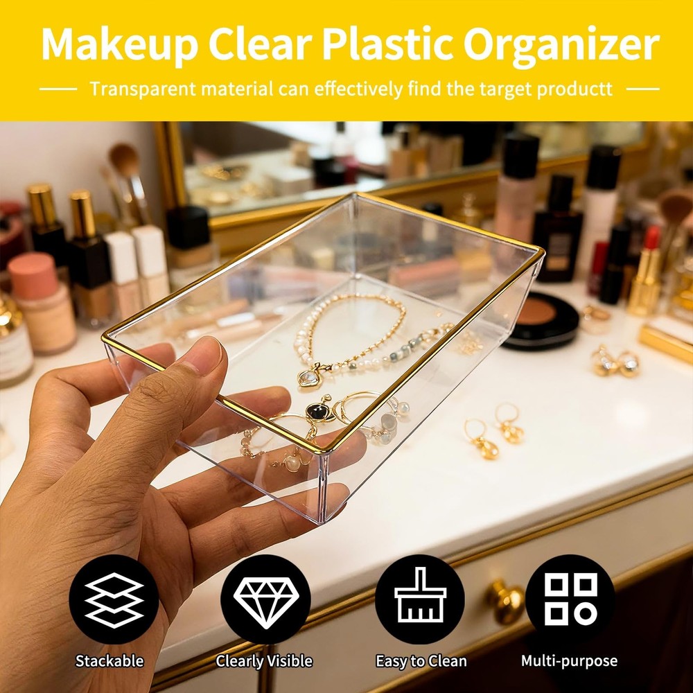 6 Pack Large Size Clear Stackable Drawer Organizer Trays, Gold Rim Makeup Dra...
