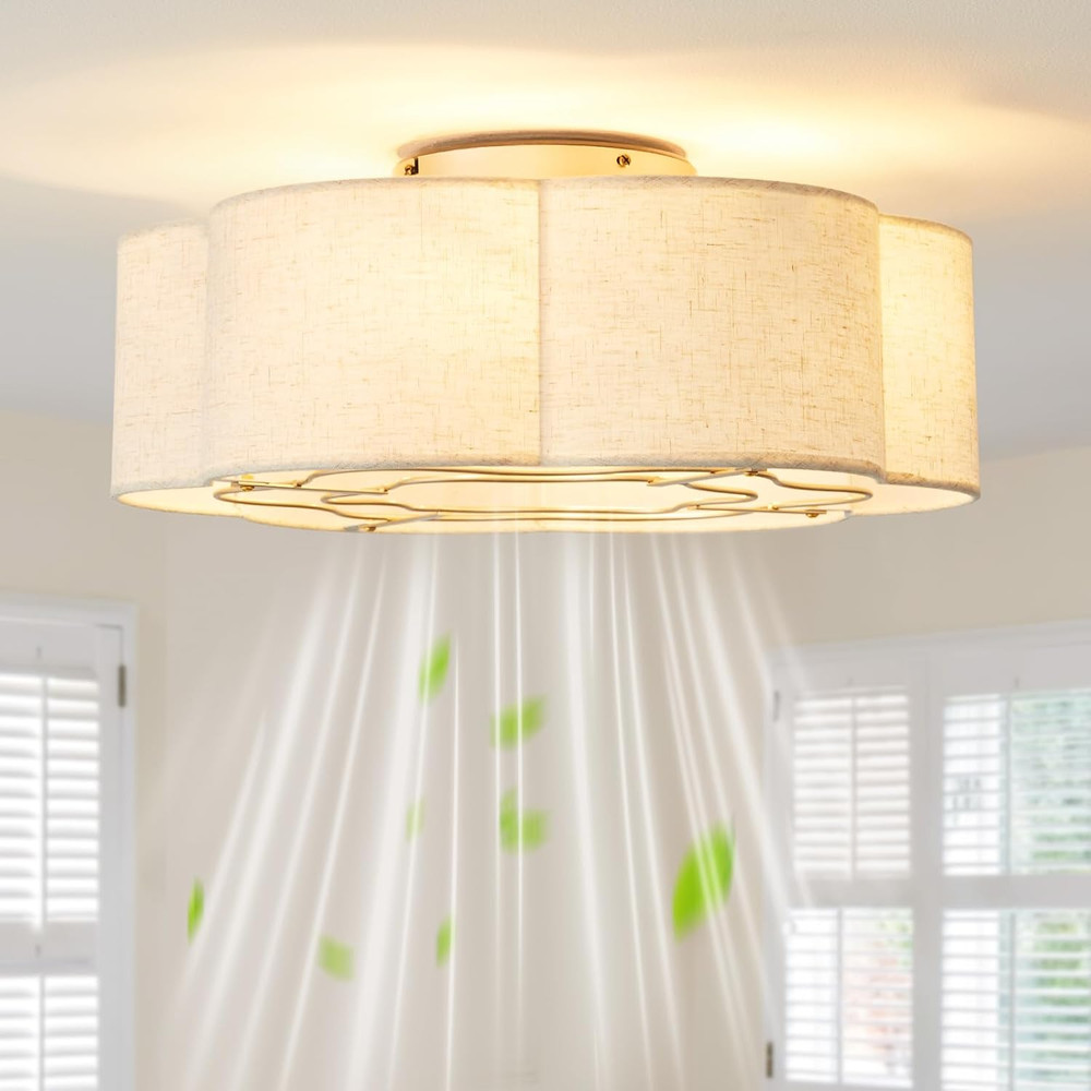 20" Beige Boho Flush Mount Ceiling Fan with Lights & Remote - 6 Speeds