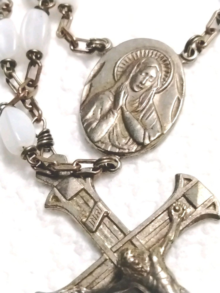 Antique White Glass Bead Rosary 1930's-40's Original Condition Italy