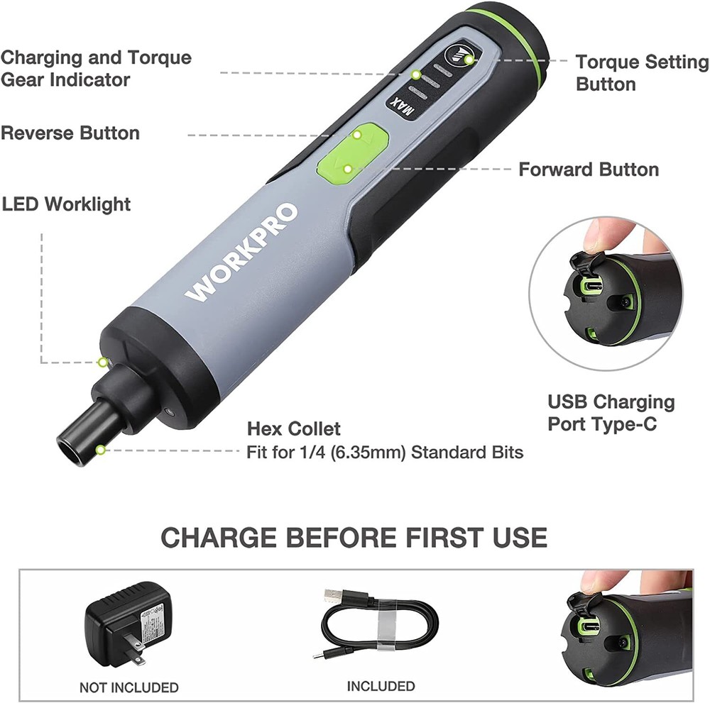 WORKPRO 4V Cordless Electric Screwdriver Sets Rechargeable 35 Bits Extension Rod