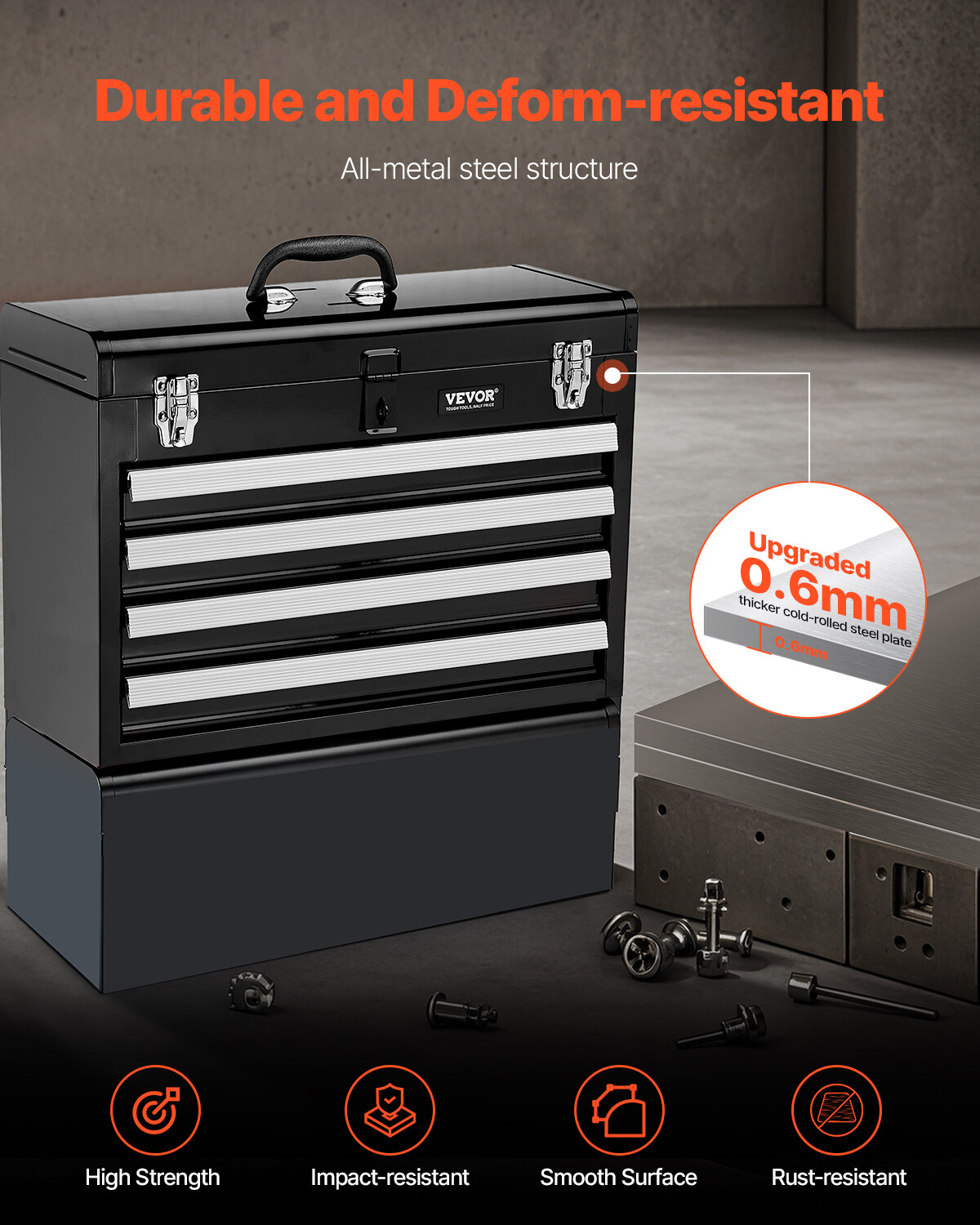 Tool Box 20.5-inch Portable Metal Tool Box with 4 Drawers Tool Organizer Black